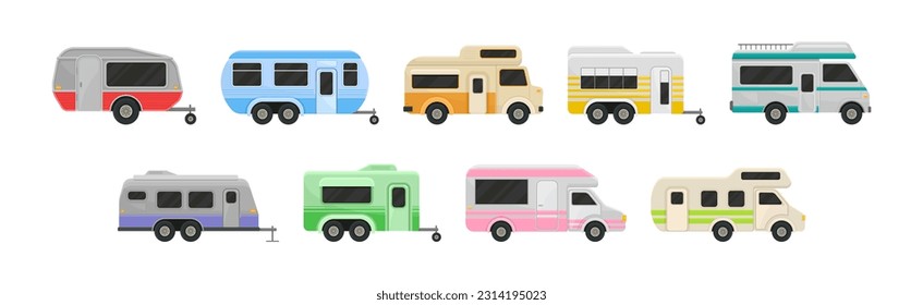 Rv Campers or Recreational Vehicle and Camping Trailer Vector Set