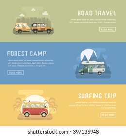 RV camping banners. Car summer trip backgrounds. Auto travel internet page. Mountain park, palm beach and road trip templates with place for text. Traveler bus, SUV and camper trailer concept cards.