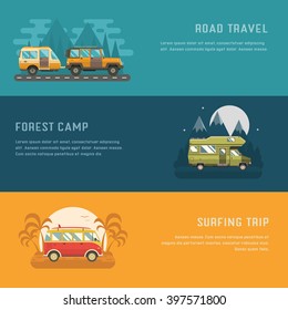 Carteles de campamento RV. Camión de verano. Página de Internet de viaje automático. Parques de montaña, palmeras y plantillas de viaje por carretera con lugar para texto. Tarjetas conceptuales para el transporte en autobús, camioneta y remolque.