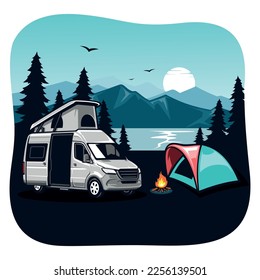 RV camping and camper van concept art. illustration of beautiful landscape, lake, mountains