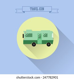 RV camping icon. Caravan button in flat design with shadow. On blue background. Vector illustration