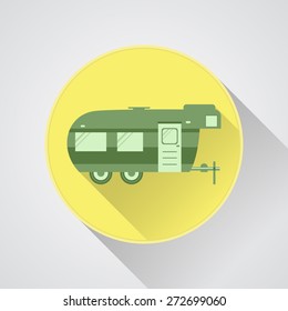 RV camping icon logo and badge. Caravan button in flat design with long shadow. Motorhome. Isolated on light background. Vector illustration