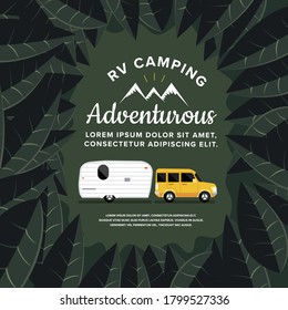 RV Camping Illustrations. Vector Design Concept Camper Travel Journal With RV Cars. Vector EPS 10 Illustrate.