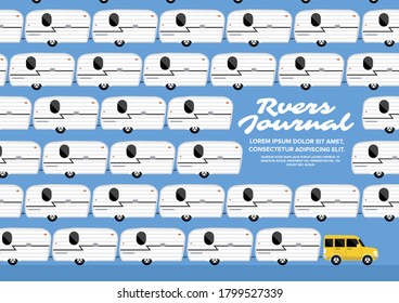 Ilustraciones de RV Camping. Revista de viajes de camper de concepto de diseño de vectores con coches RV. Vector EPS 10 Ilustrar.