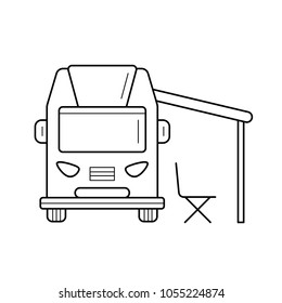 Icono de la línea vectorial de la autoportada del campamento RV aislado en fondo blanco. Icono de línea de camión de acampada RV para infografía, sitio web o aplicación. Icono diseñado en un sistema de cuadrícula.