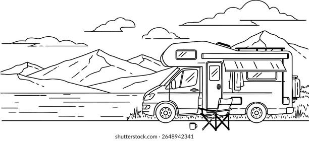 RV Camping in Mountain Landscape Line Art Illustration