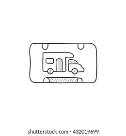 RV camping sinal vetor ícone de esboço isolado no fundo. Ícone de sinal de acampamento RV desenhado à mão. Ícone de esboço de sinal de camping RV para infográfico, site ou aplicativo.