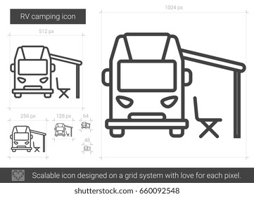 RV camping vector line icon isolated on white background. RV camping line icon for infographic, website or app. Scalable icon designed on a grid system.