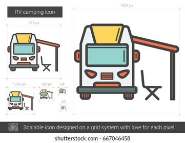 RV camping vector line icon isolated on white background. RV camping line icon for infographic, website or app. Scalable icon designed on a grid system.