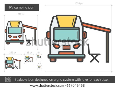 RV camping vector line icon isolated on white background. RV camping line icon for infographic, website or app. Scalable icon designed on a grid system.