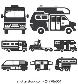 rv car icons, recreational vehicles, camper van set