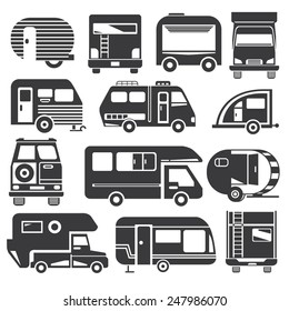 rv car icons, recreational vehicles, camper van set
