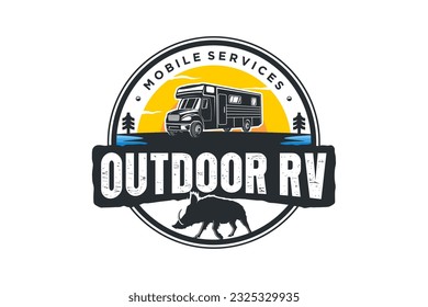 RV car logo design recreational vehicle holiday emblem badge illustration wild boar animal 