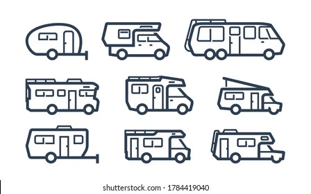 RV Cars, Recreational Vehicles, Camper Vans Icons in Outline Style