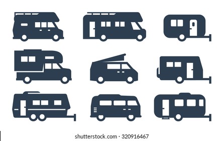 RV cars, recreational vehicles, camper vans icons