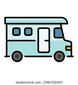 RV color-filled round line vector icon with editable stroke, symbolizing a recreational vehicle used for road trips and camping.