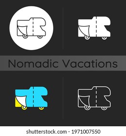 RV covers dark theme icon. Roadtrip gear. Trailer service. Campground for vans. Camping trip necessities for traveler. Linear white, simple glyph and RGB color styles. Isolated vector illustrations