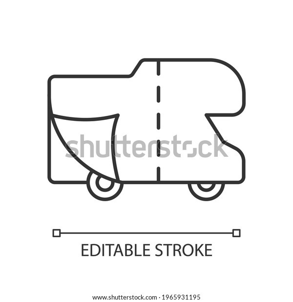 RV covers linear icon. Roadtrip gear. Trailer
service. Campground for vans. Nomadic lifestyle. hin line
customizable illustration. Contour symbol. Vector isolated outline
drawing. Editable stroke