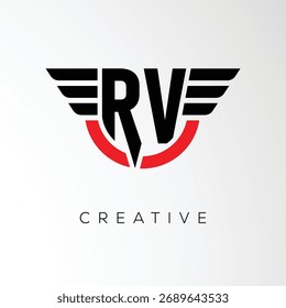 Logotipo de la letra de las alas creativas de RV con el escudo moderno - símbolo potente del negocio y de la marca	
