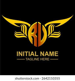 RV Golden Wing Emblem Logo with elegant gold wings, sleek and modern design. Ideal for branding, creative projects, luxury businesses, or artistic ventures.