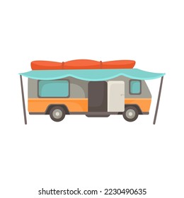 RV or house trailer with canopy or awning cartoon illustration. Vintage van or camping truck for travel, adventure, family vacation isolated on white background. Campsite, camp, transportation concept