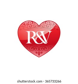 R&V initial letter logo with ornament heart shape