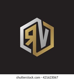 RV initial letters looping linked hexagon elegant logo golden silver black background
