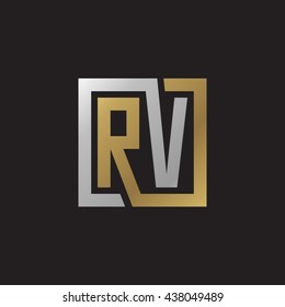 RV initial letters looping linked square elegant logo golden silver black background