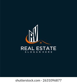 RV initial monogram building and roof logo for real estate with creative circle style design