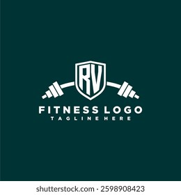 RV initial monogram for fitnes or gym logo with creative shield and barbell design