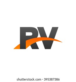 RV initial overlapping swoosh letter logo black orange