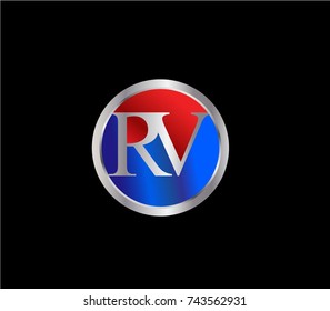 RV Letter logo Design in a circle. Blue Red and silver colored

