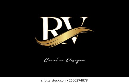 RV Letter Monogram Logo – Elegant Gold Brush Stroke Letter mark for Luxury Branding, Fashion, Boutique  Premium Identity Design
