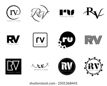RV logo company template. Letter r and v logotype. Set different classic serif lettering and modern bold text with design elements. Initial font typography. Collection trendy business identity.