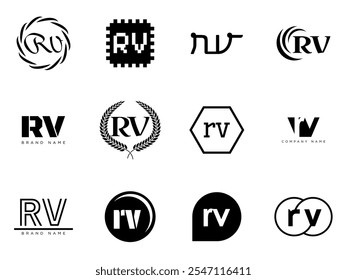 RV logo company template. Letter r and v logotype. Set different classic serif lettering and modern bold text with design elements. Initial font typography. Collection trendy business identity.