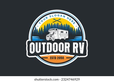 RV logo design recreational car badge style pine tree lake outdoor scene vector template