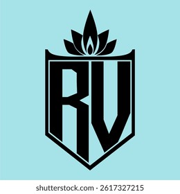 RV Logo featuring a minimalist design with a crown-like flower symbol on top, bold black elements, and a soft blue background, perfect for branding and modern visual identity.