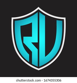 RV Logo monogram with shield shape isolated blue colors on outline design template