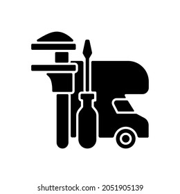 RV Maintenance Black Glyph Icon. Professional Service For Trailer Repair. Fix Auto For Travel. Roadtrip Gear. Nomadic Lifestyle. Silhouette Symbol On White Space. Vector Isolated Illustration