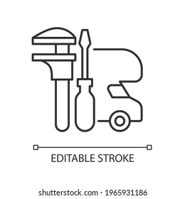 RV maintenance linear icon. Professional service for trailer repair. Fix auto for travel. Thin line customizable illustration. Contour symbol. Vector isolated outline drawing. Editable stroke