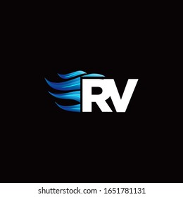 RV monogram logo with blue fire style design template