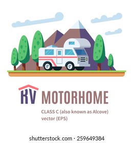 RV Motor home landscape, class C, RV logo. Volume flat vector illustration.