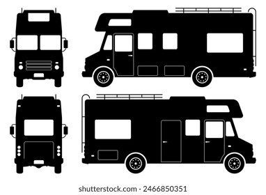 RV motorhome silhouette on white background. Vehicle icons set view from side, front and back.