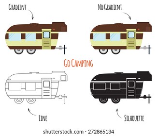 RV, Motorhome, Trailer And Caravan Park Logo, Icon, Badges. Summer Outdoor Activity And Camping Travel Theme. Flat, Line And Silhouette Design Isolated On White Background. Vector Illustration