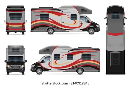 RV motorhome vector mockup on white for vehicle branding, corporate identity. View from side, front, back and top. All elements in the groups on separate layers for easy editing and recolor.