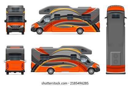 RV motorhome vector mockup on white for vehicle branding, corporate identity. View from side, front, back and top. All elements in the groups on separate layers for easy editing and recolor.