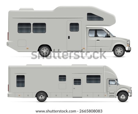 RV motor-home vector mockup on white for vehicle branding, corporate identity. All elements in the groups are in separate layers for easy editing and recolor.