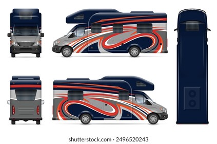 RV Wohnmobil Vektor Mockup in weiß für Fahrzeug-Branding, Corporate Identity. Blick von der Seite, vorn, hinten und oben. Alle Elemente in den Gruppen befinden sich in separaten Ebenen, um die Bearbeitung und Neueinfärbung zu vereinfachen.