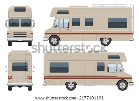 RV motorhome vector template with simple colors without gradients and effects. View from side, front, back