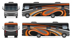 RV Motorhome Wrap Vector Mockup On White For Vehicle Branding, Corporate Identity. View From Side, Front And Back. All Elements In The Groups On Separate Layers For Easy Editing And Recolor.